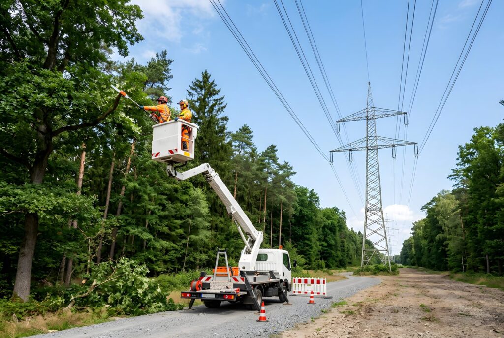 Trassenpflege mit Hubsteiger unter einer Stromleitung
